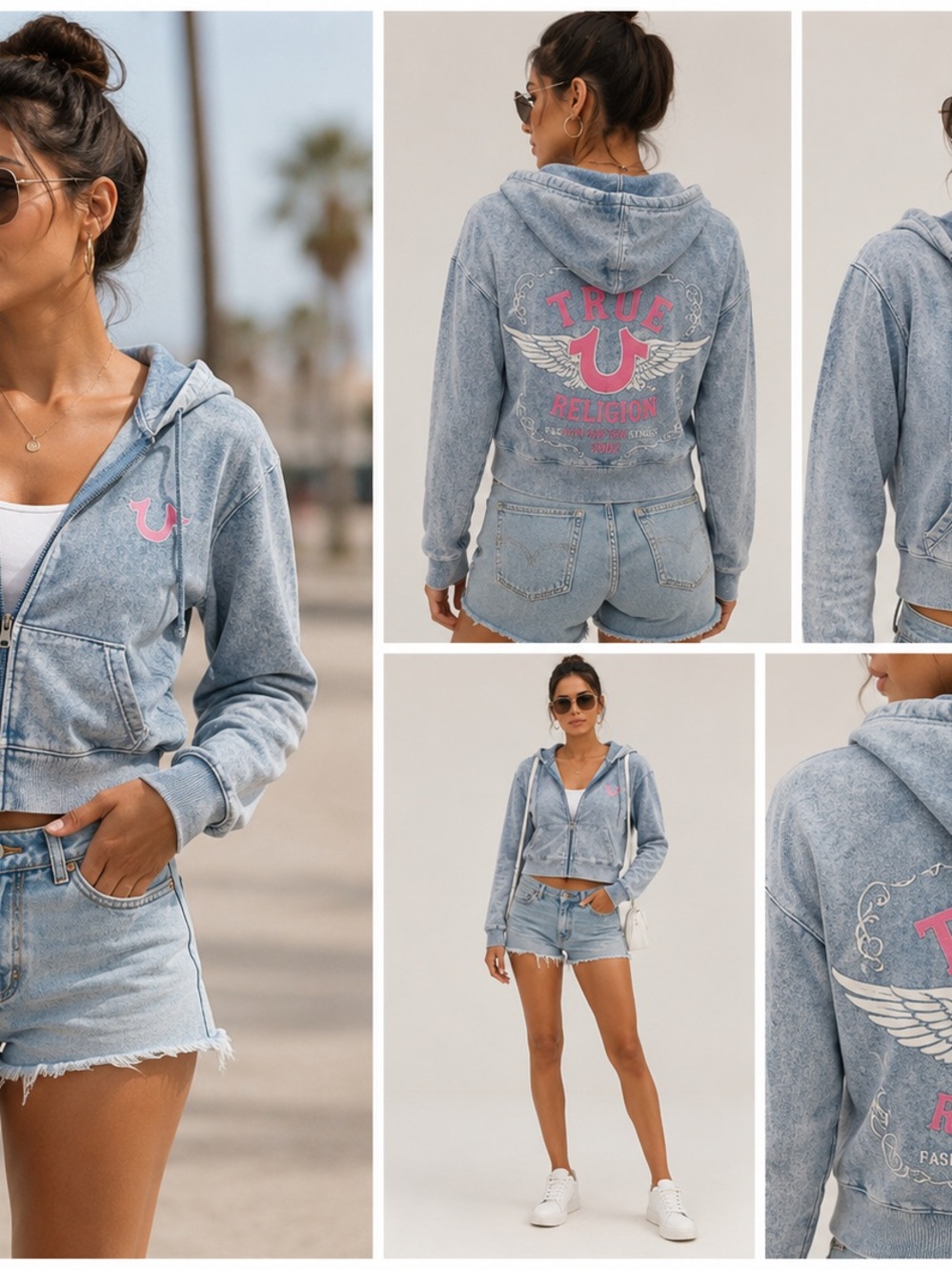 True Religion Hoodie Women's M Horseshoe Wing Faux Full Zip Denim-Look Fabric - Picture 3 of 10